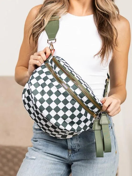 Checked In Oversize Double Zip Checkered Crescent Sling Bag-Women's Accessories-Shop Z & Joxa