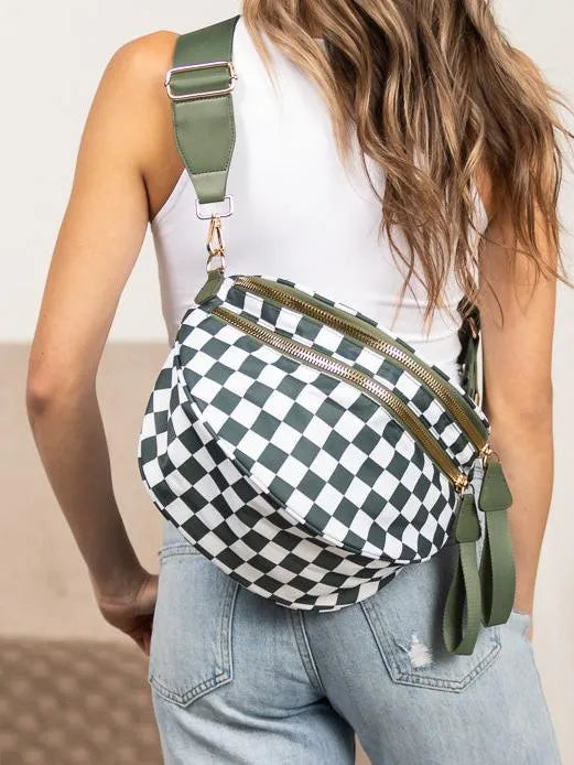 Checked In Oversize Double Zip Checkered Crescent Sling Bag-Women's Accessories-Shop Z & Joxa