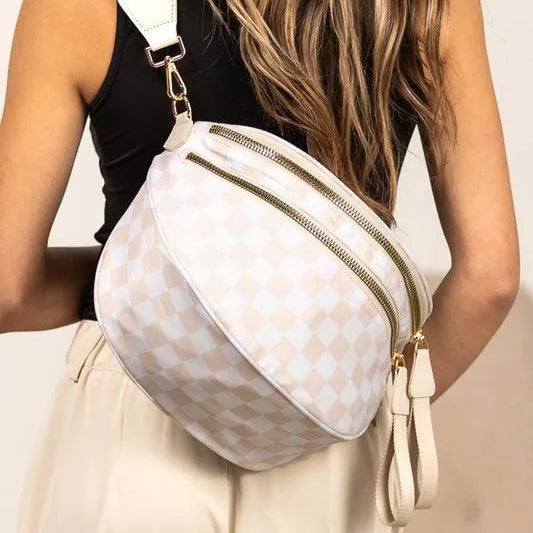 Checked In Oversize Double Zip Checkered Crescent Sling Bag-Women's Accessories-Shop Z & Joxa