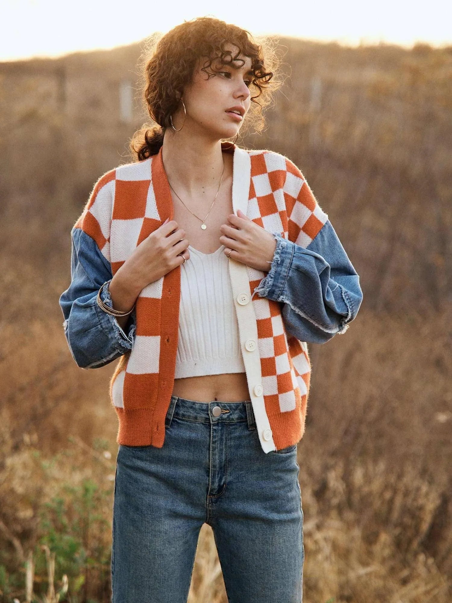 Checkmate Charm Plaid & Denim Sleeve Cardigan-Women's Clothing-Shop Z & Joxa