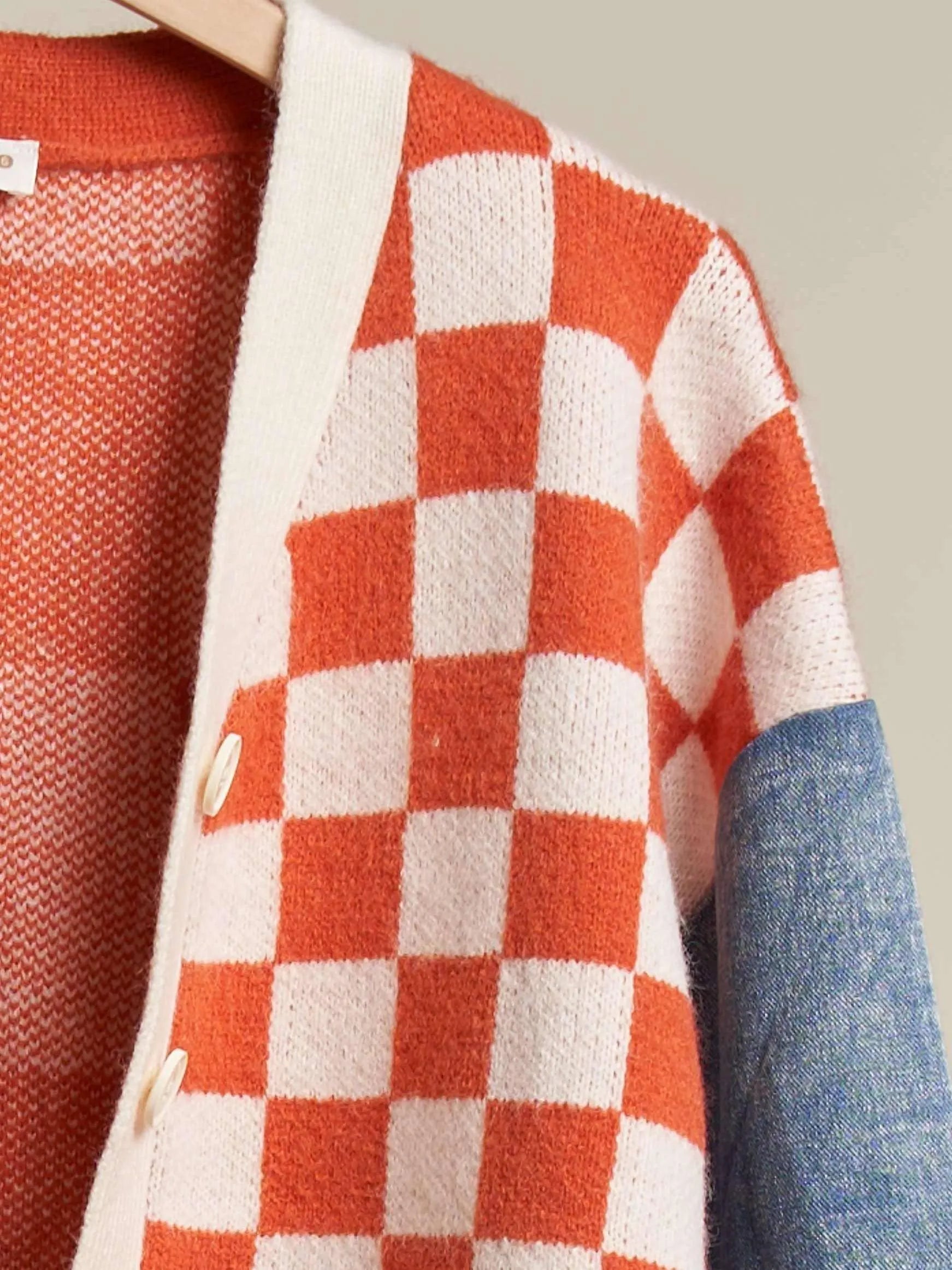 Checkmate Charm Plaid & Denim Sleeve Cardigan-Women's Clothing-Shop Z & Joxa