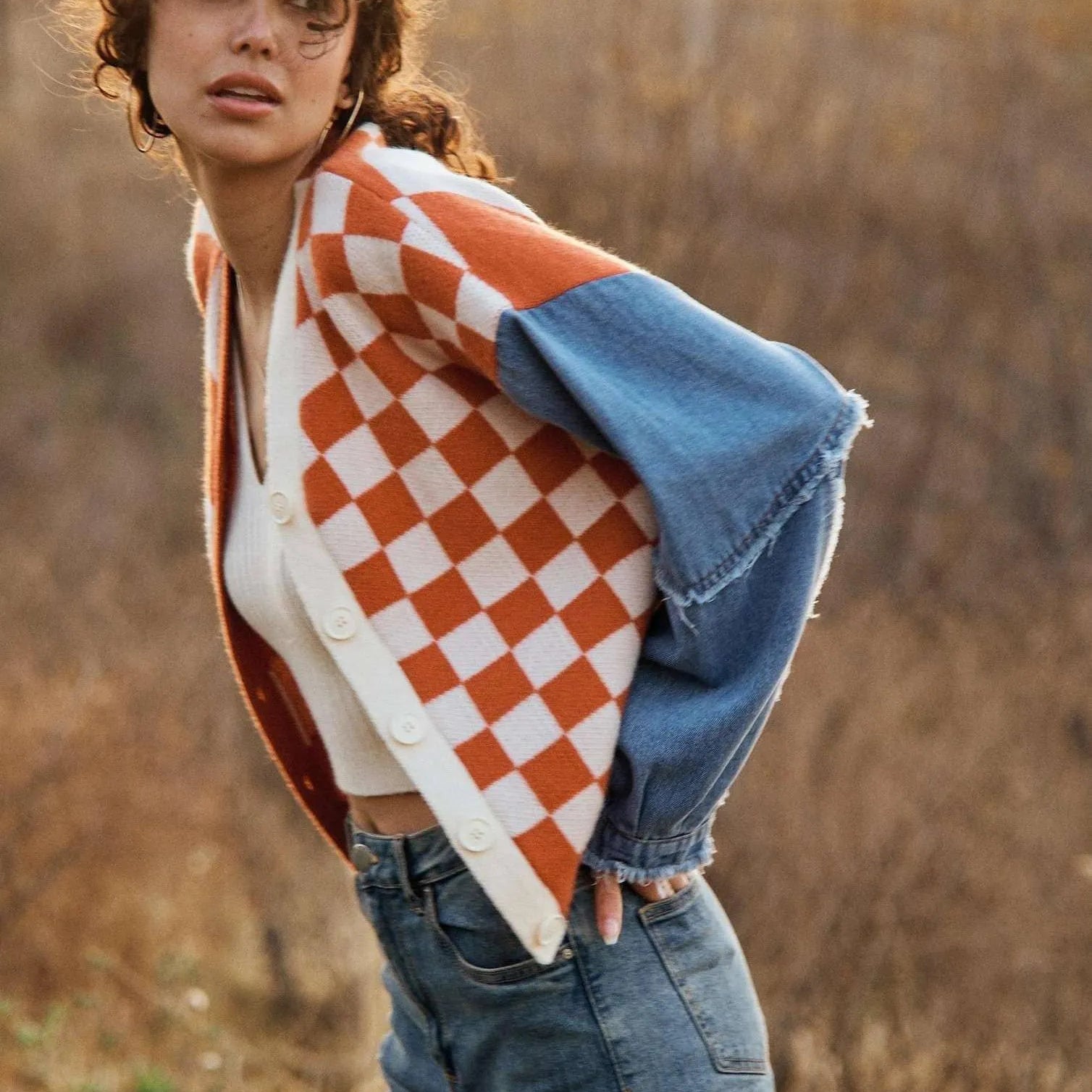 Checkmate Charm Plaid & Denim Sleeve Cardigan-Women's Clothing-Shop Z & Joxa