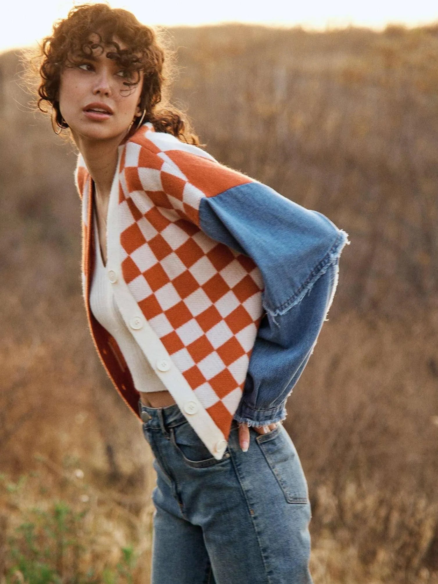 Checkmate Charm Plaid & Denim Sleeve Cardigan-Women's Clothing-Shop Z & Joxa