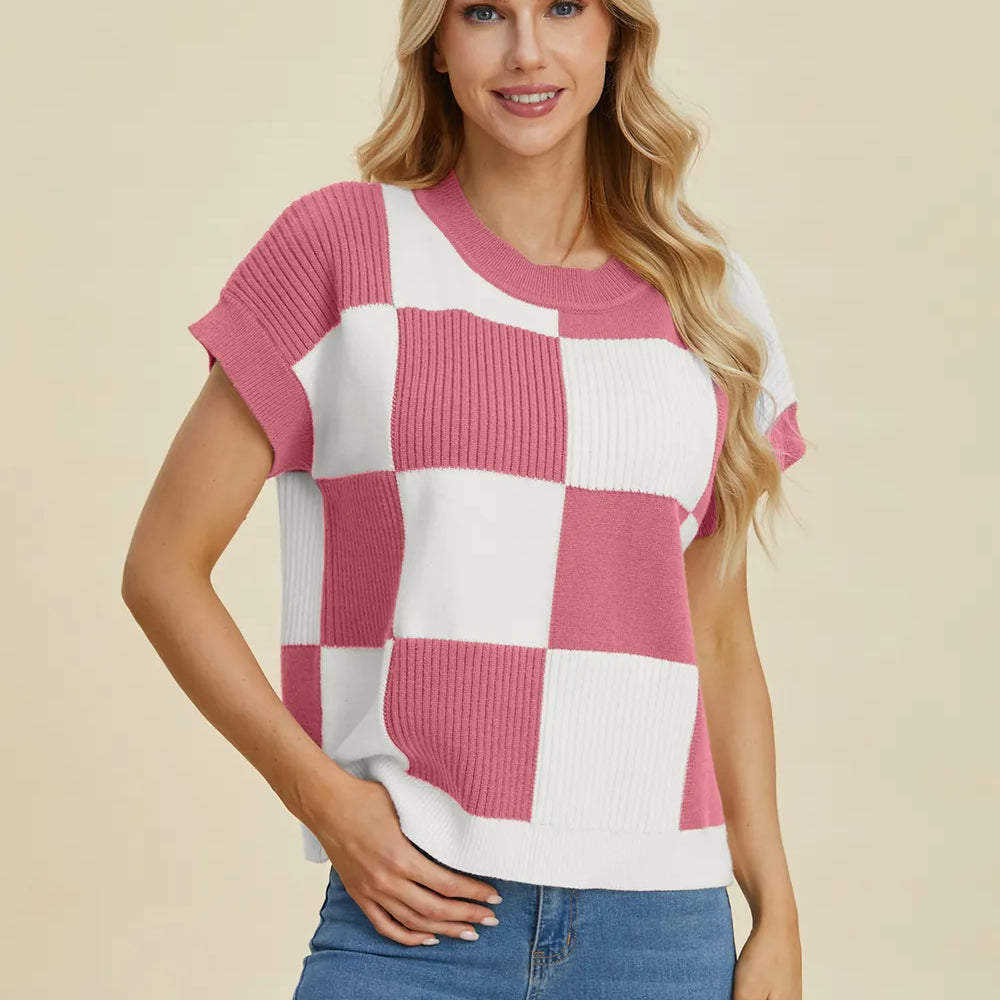 Checkmate Charm Short Sleeve Sweater by Double Take-Women's Shirts & Tops-Shop Z & Joxa