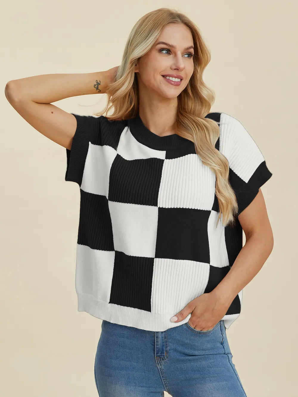 Checkmate Charm Short Sleeve Sweater by Double Take-Women's Shirts & Tops-Shop Z & Joxa