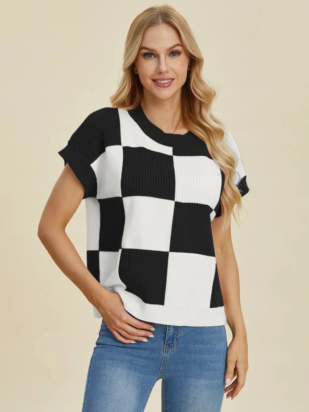 Checkmate Charm Short Sleeve Sweater by Double Take-Women's Shirts & Tops-Shop Z & Joxa