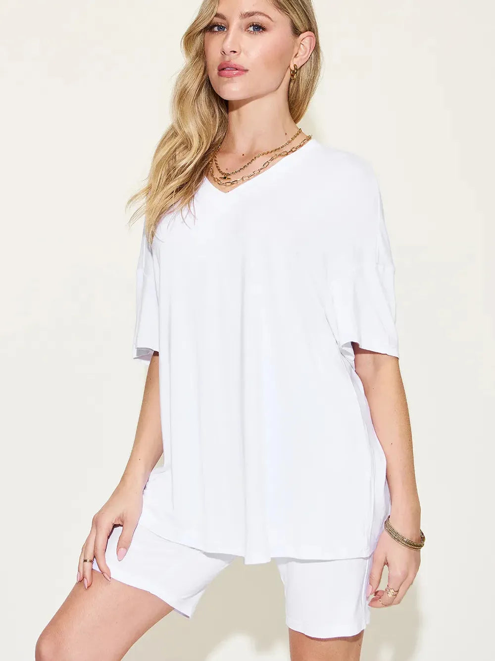 Chill Mode V-Neck Tee + Shorts Lounge Set by Basic Bae-Women's Sets-Shop Z & Joxa