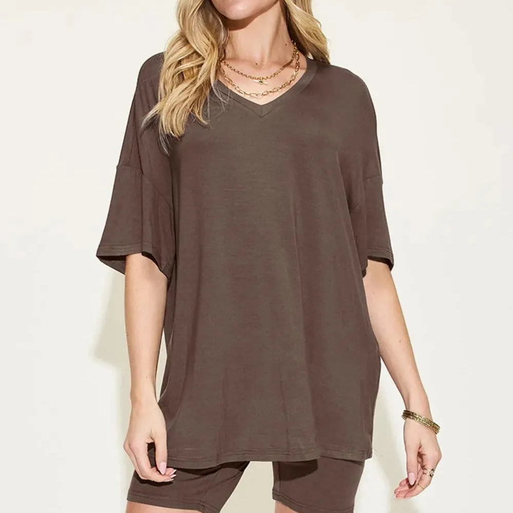 Chill Mode V-Neck Tee + Shorts Lounge Set by Basic Bae-Women's Sets-Shop Z & Joxa