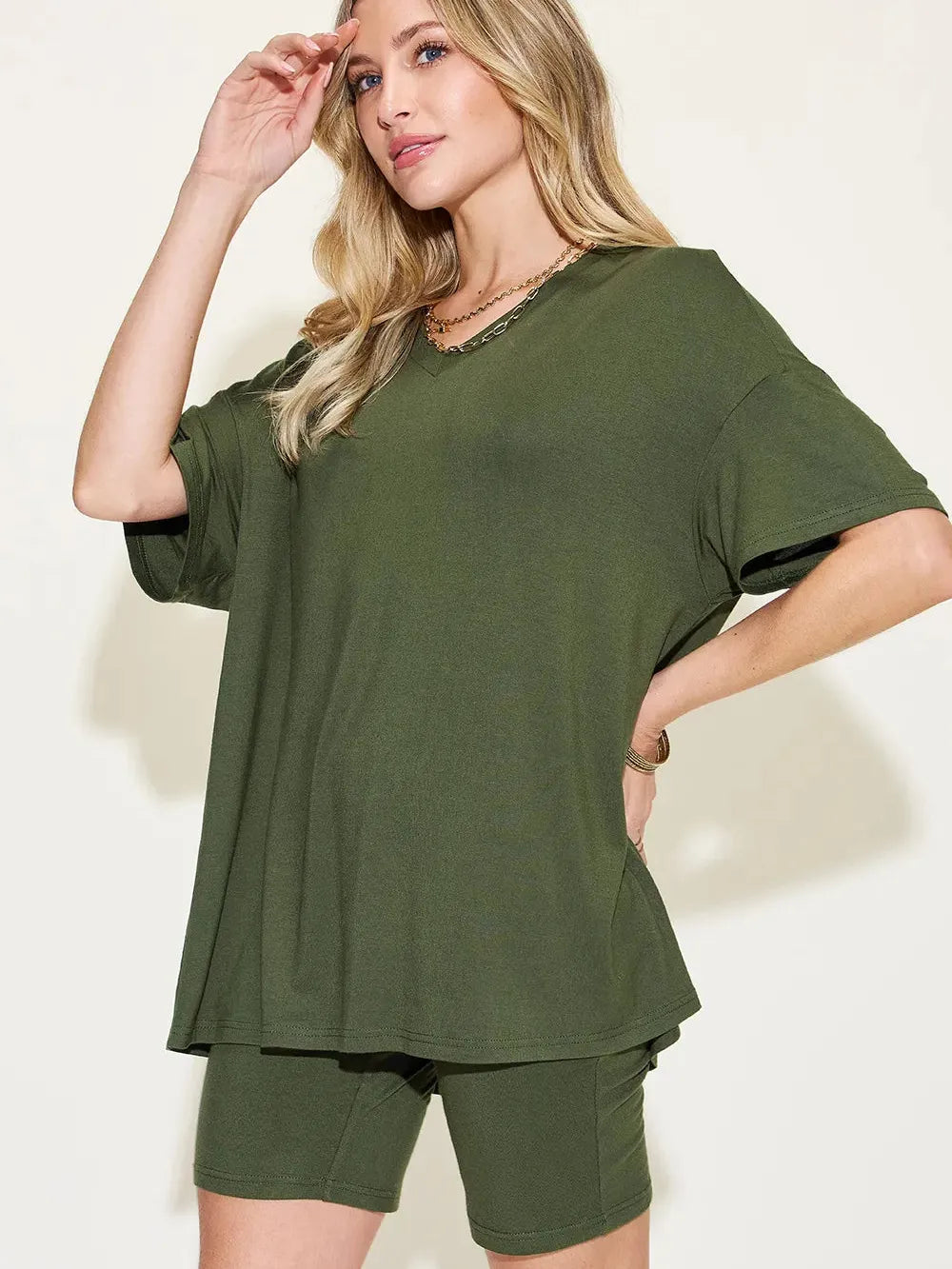 Chill Mode V-Neck Tee + Shorts Lounge Set by Basic Bae-Women's Sets-Shop Z & Joxa