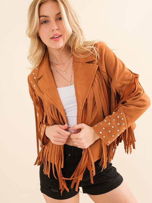 City Girl, Western Fringe Studded Suede Jacket-Women's Clothing-Shop Z & Joxa