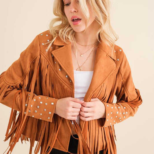 City Girl, Western Fringe Studded Suede Jacket-Women's Clothing-Shop Z & Joxa