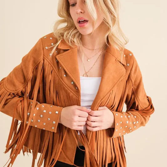 City Girl, Western Fringe Studded Suede Jacket in Camel-Women's Outerwear-Shop Z & Joxa