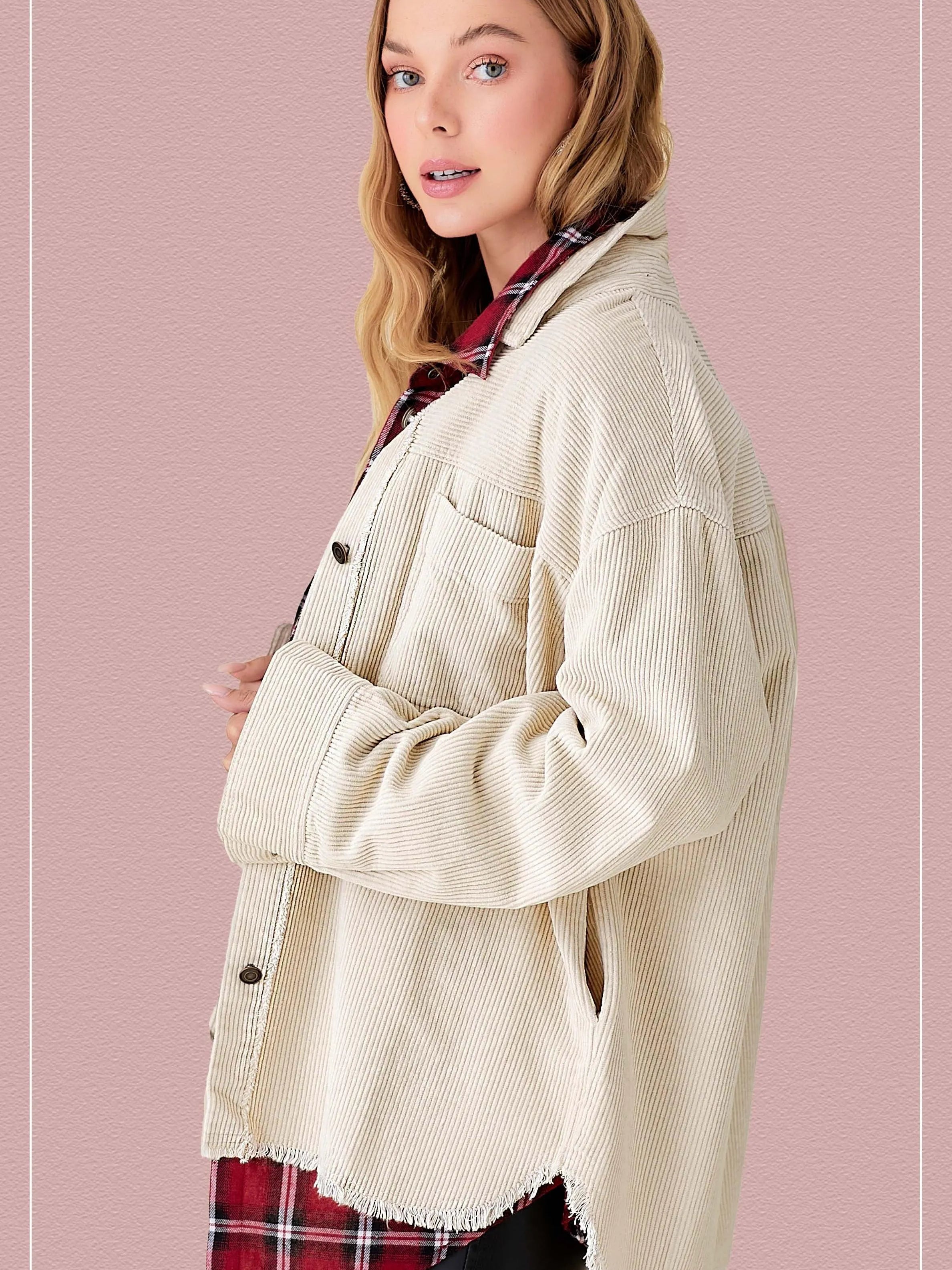 Come Alive Oversized Corduroy Shacket with Frayed Hem *Pre-order-Women's Outerwear-Shop Z & Joxa