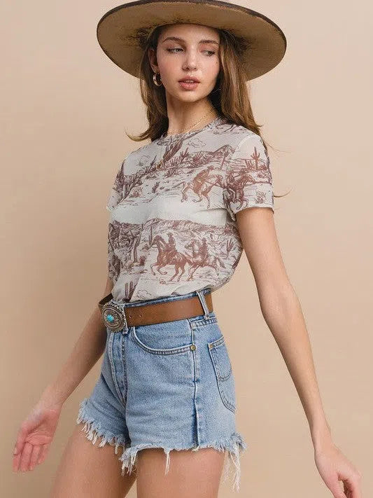 Cowboy Take Me Away Short Sleeve Mesh Top-Women's Shirts & Tops-Shop Z & Joxa