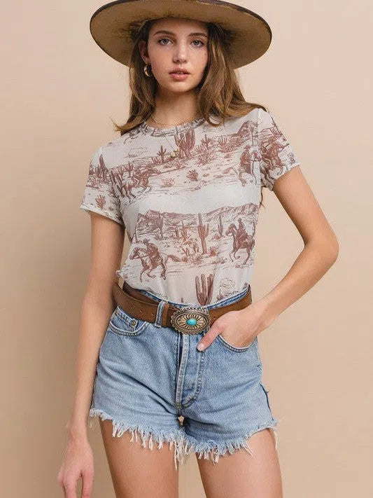 Cowboy Take Me Away Short Sleeve Mesh Top-Women's Shirts & Tops-Shop Z & Joxa
