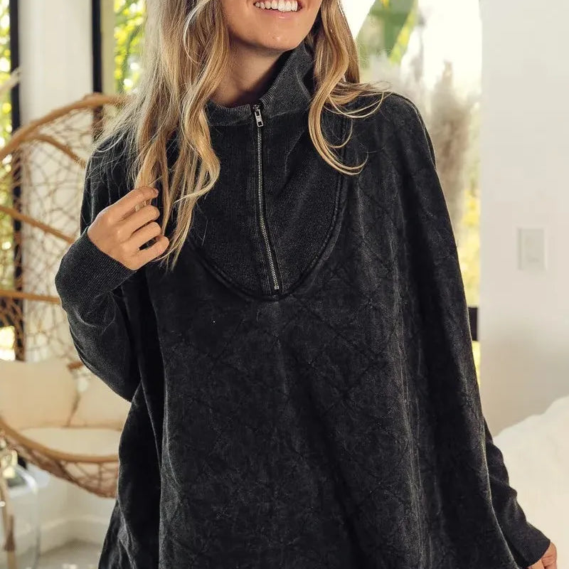 Cozy Chic Charcoal Quilted Half-Zip Pullover by BiBi-Women's Shirts & Tops-Shop Z & Joxa