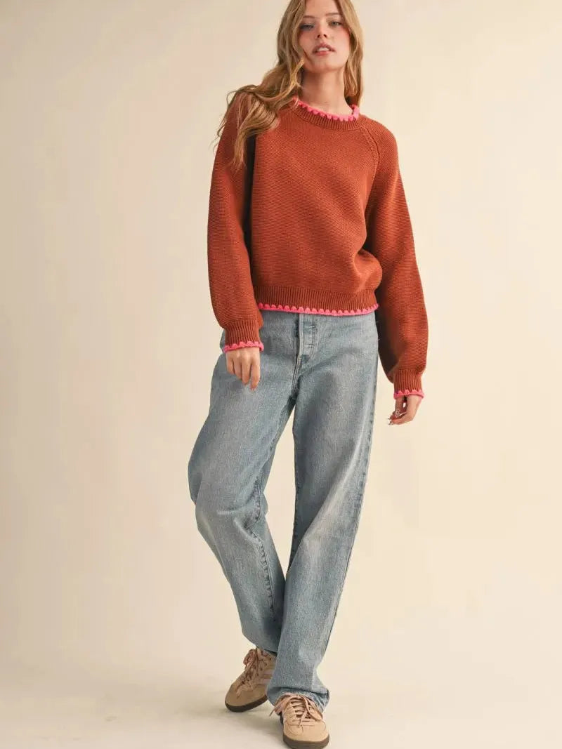 Cozy Contrast Brown & Fuchsia Blanket Stitch Sweater-Women's Shirts & Tops-Shop Z & Joxa