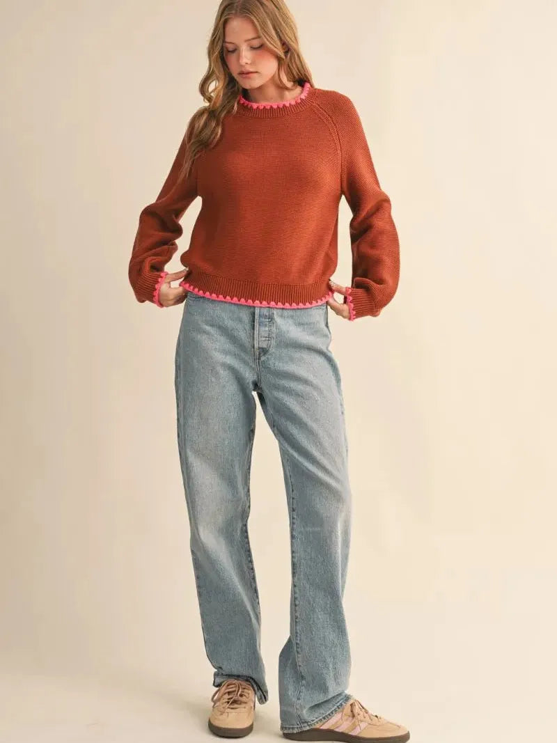 Cozy Contrast Brown & Fuchsia Blanket Stitch Sweater-Women's Shirts & Tops-Shop Z & Joxa