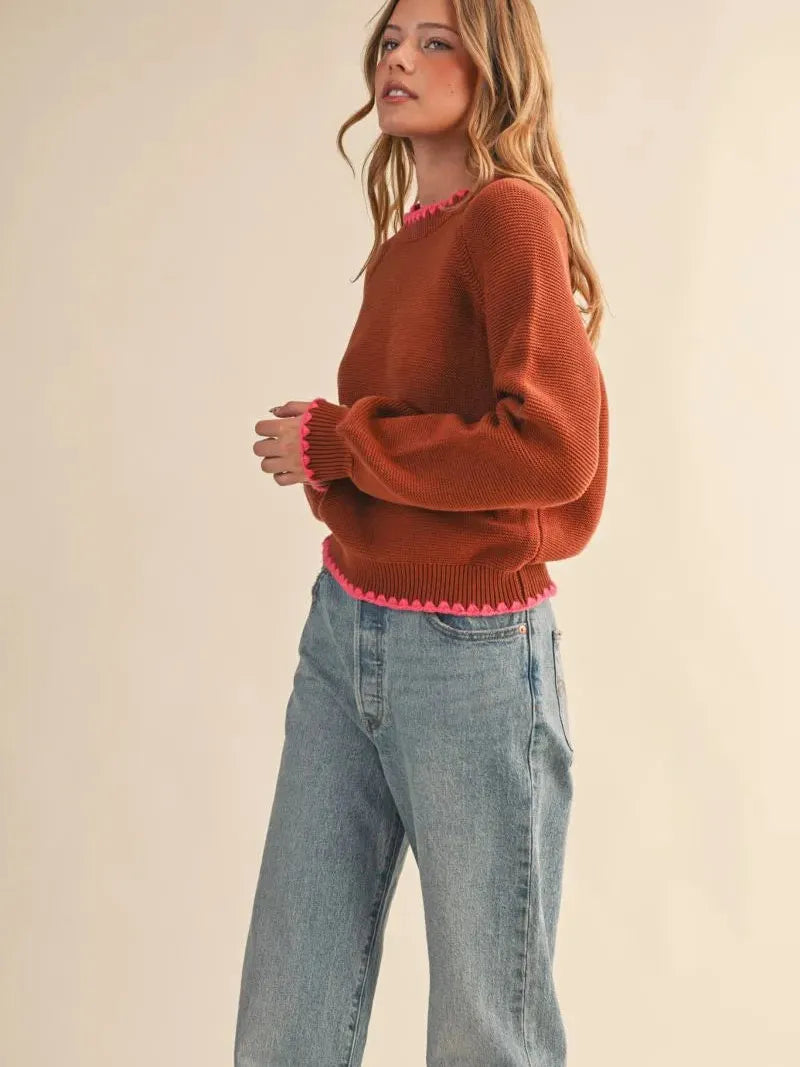 Cozy Contrast Brown & Fuchsia Blanket Stitch Sweater-Women's Shirts & Tops-Shop Z & Joxa
