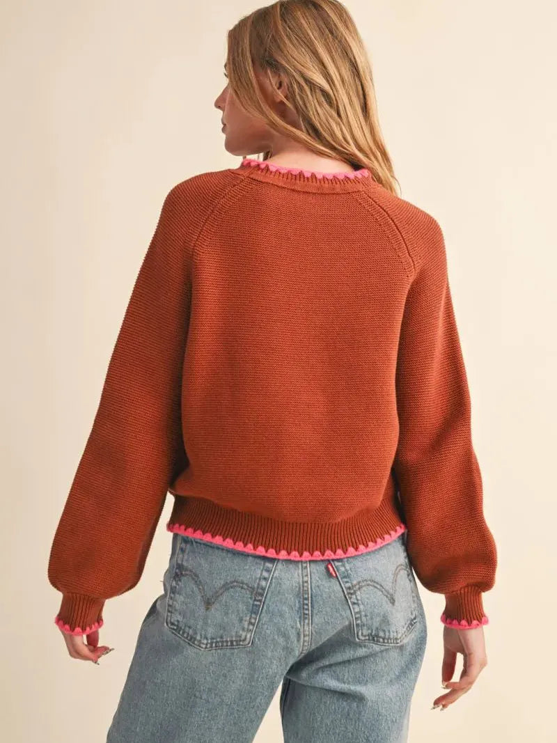 Cozy Contrast Brown & Fuchsia Blanket Stitch Sweater-Women's Shirts & Tops-Shop Z & Joxa