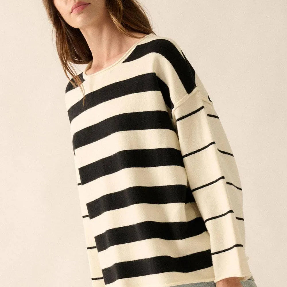 Cozy Lines Roll-Neck Knit Striped Exposed Seam Sweater-Women's Shirts & Tops-Shop Z & Joxa