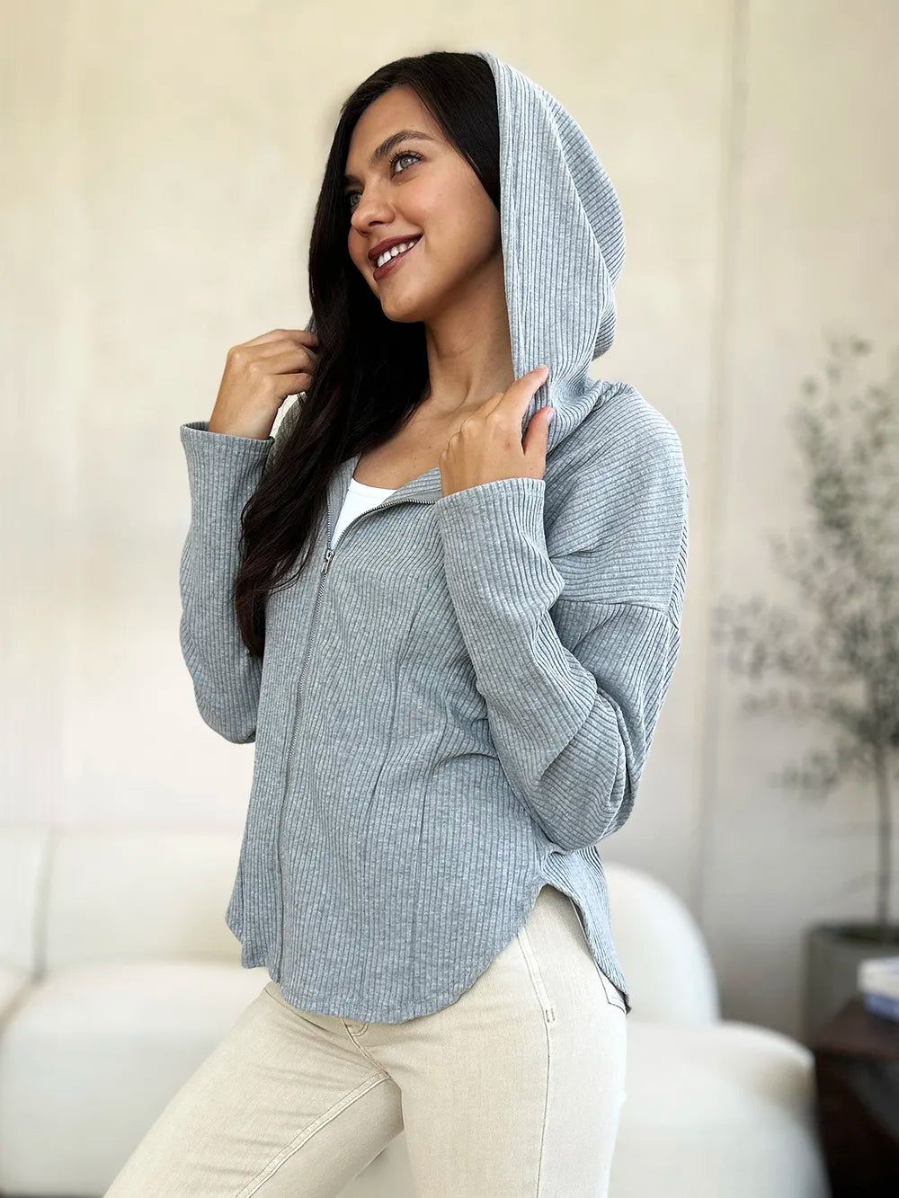 Culture Code Cozy on the Go Ribbed Zip Up Drawstring Hoodie-Coats & Jackets-Shop Z & Joxa