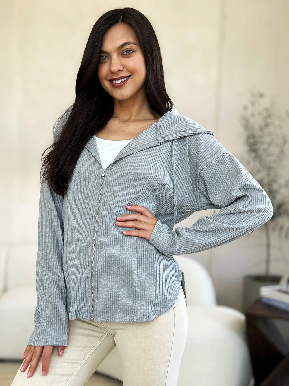 Culture Code Cozy on the Go Ribbed Zip Up Drawstring Hoodie-Coats & Jackets-Shop Z & Joxa