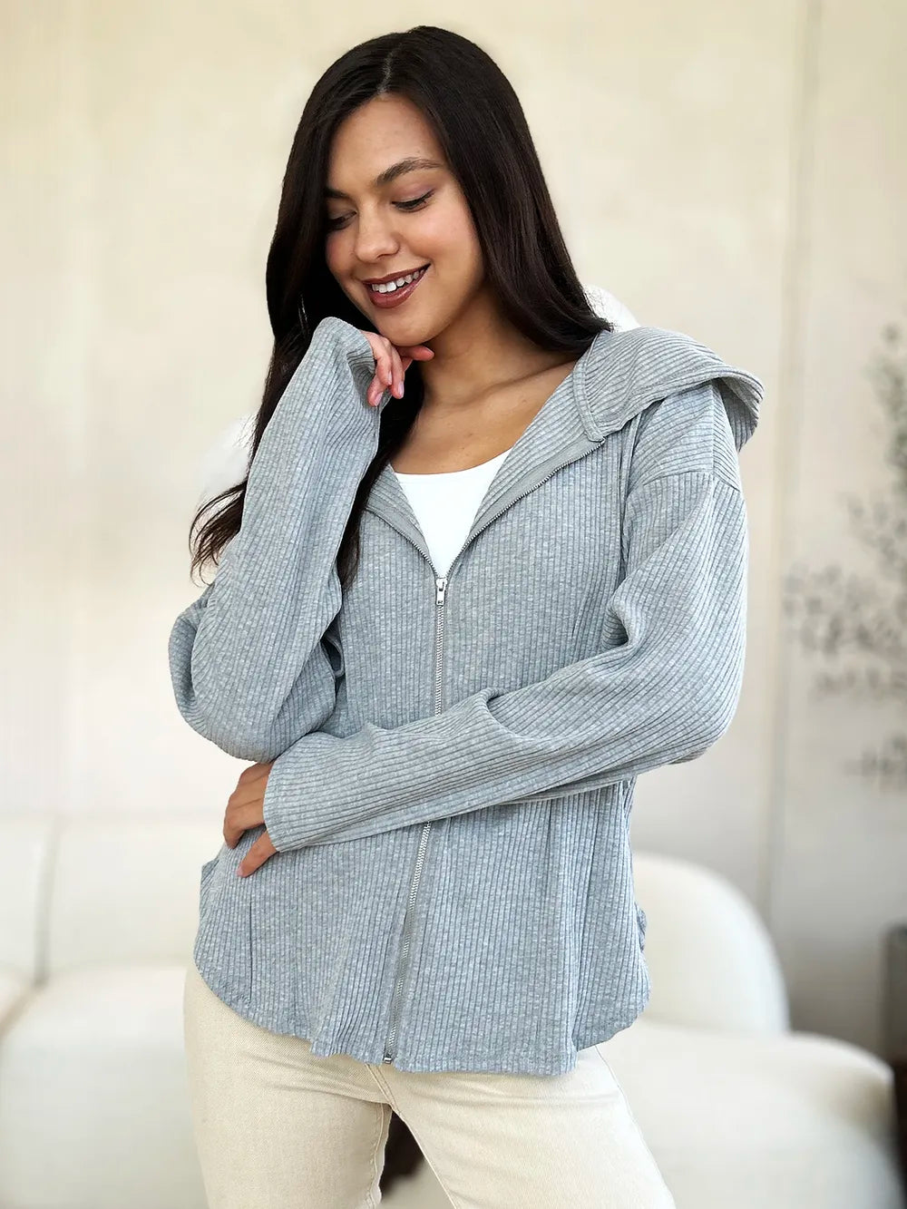 Culture Code Cozy on the Go Ribbed Zip Up Drawstring Hoodie-Coats & Jackets-Shop Z & Joxa