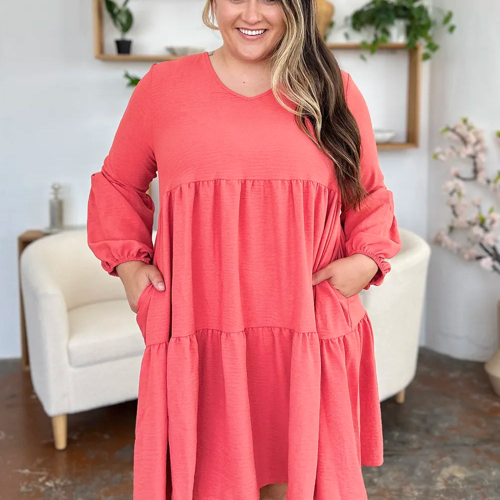 Double Take Daydream Darling V-Neck Balloon Sleeve Tiered Dress with Pockets-Women's Dresses-Shop Z & Joxa