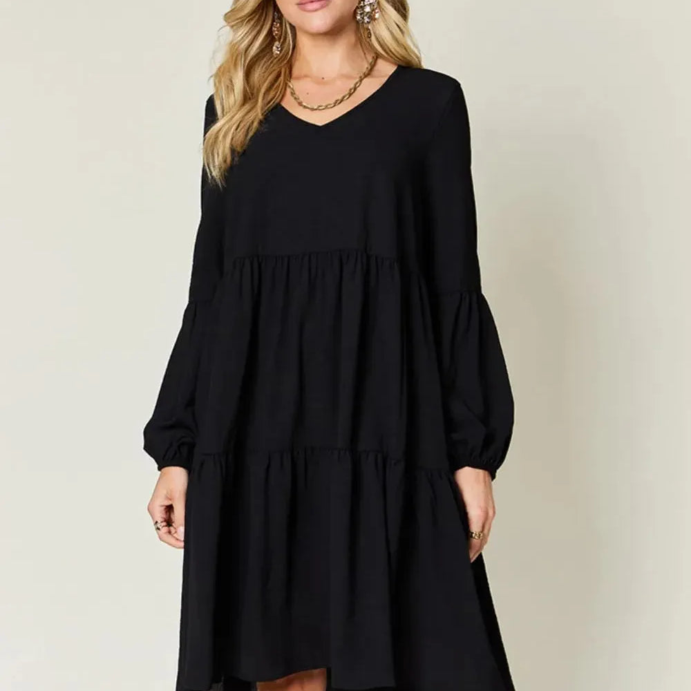 Double Take Daydream Darling V-Neck Balloon Sleeve Tiered Dress with Pockets-Women's Dresses-Shop Z & Joxa
