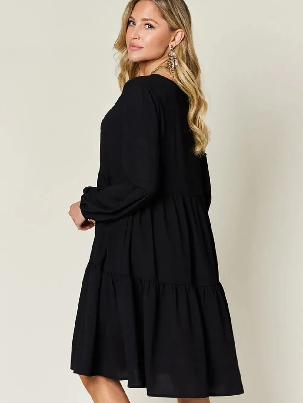 Double Take Daydream Darling V-Neck Balloon Sleeve Tiered Dress with Pockets-Women's Dresses-Shop Z & Joxa