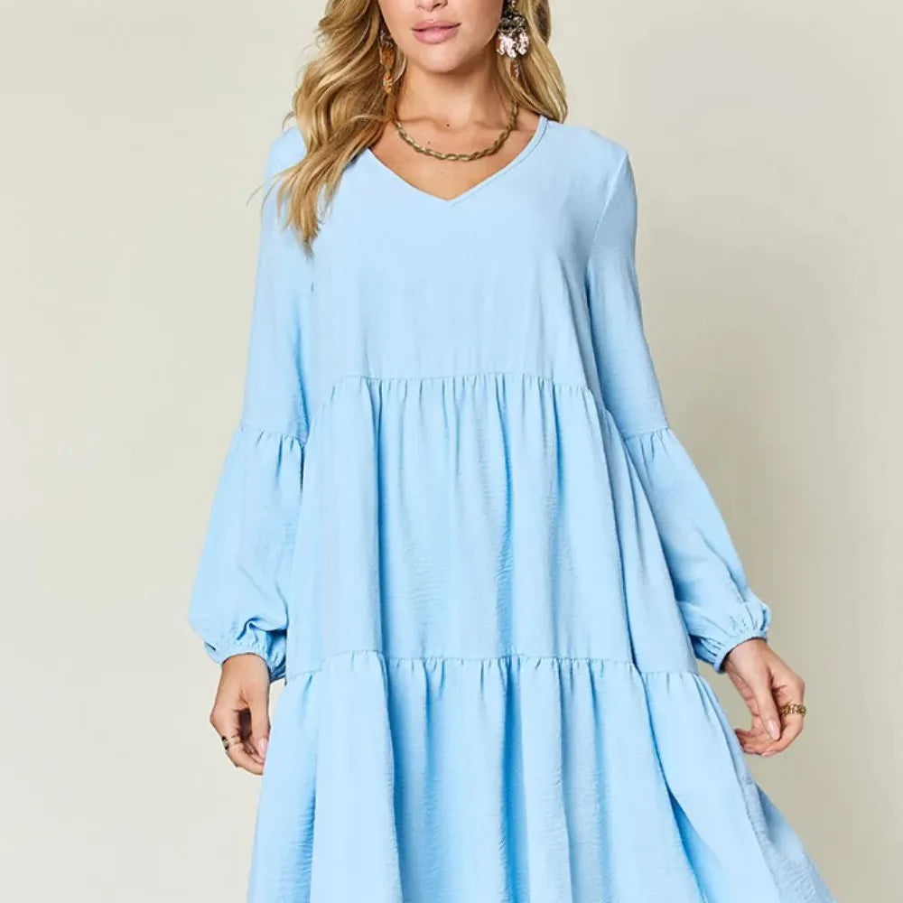 Double Take Daydream Darling V-Neck Balloon Sleeve Tiered Dress with Pockets-Women's Dresses-Shop Z & Joxa