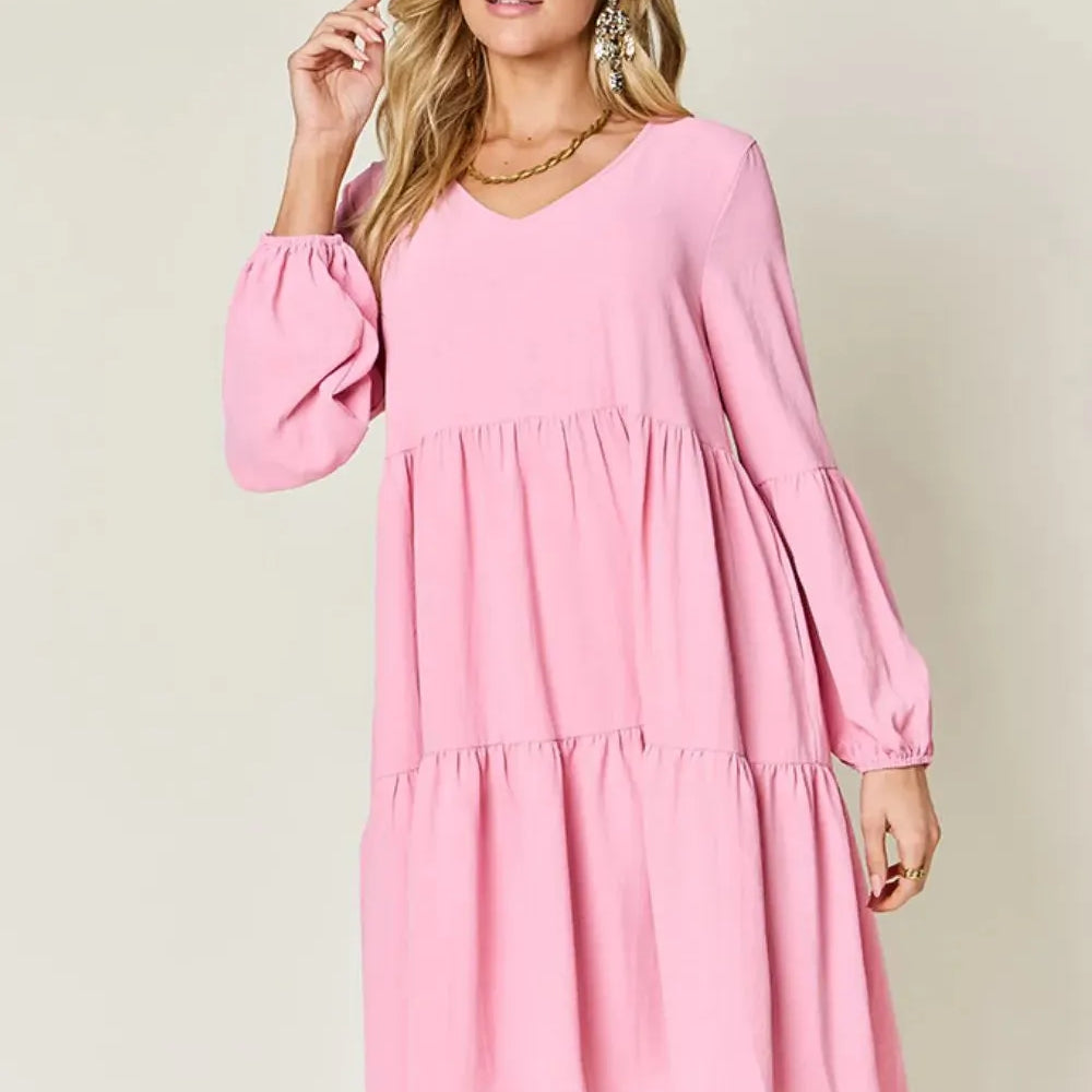 Double Take Daydream Darling V-Neck Balloon Sleeve Tiered Dress with Pockets-Women's Dresses-Shop Z & Joxa