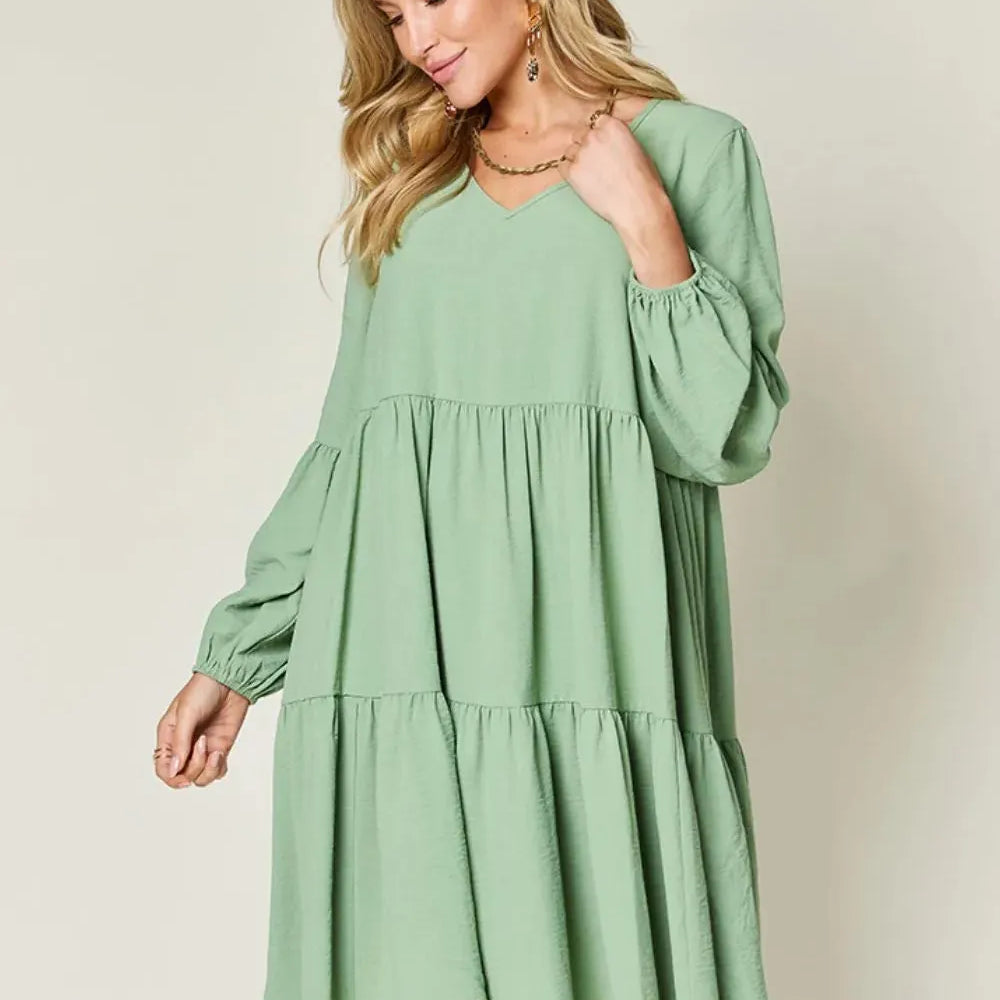 Double Take Daydream Darling V-Neck Balloon Sleeve Tiered Dress with Pockets-Women's Dresses-Shop Z & Joxa
