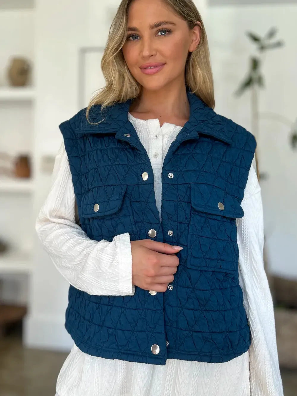 Double Take Full Size Pocketed Texture Snap Down Vest Coat-Women's Clothing-Shop Z & Joxa