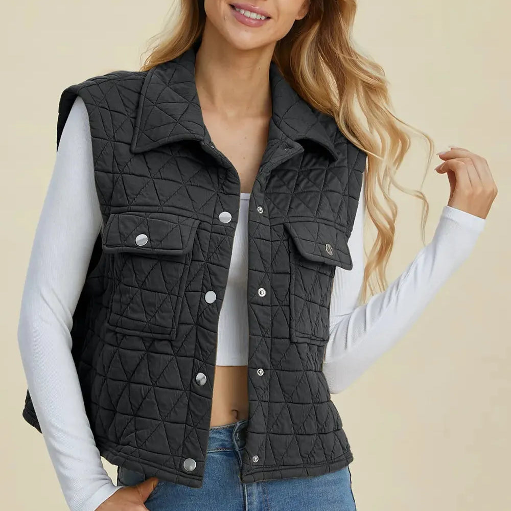 Double Take Full Size Pocketed Texture Snap Down Vest Coat-Women's Clothing-Shop Z & Joxa