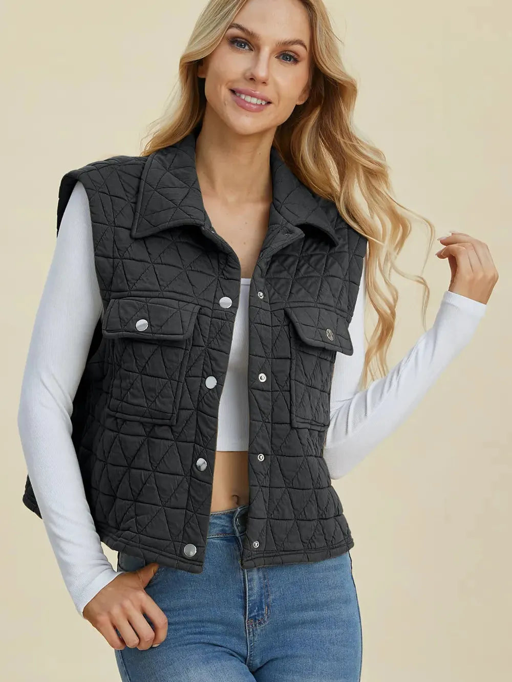 Double Take Full Size Pocketed Texture Snap Down Vest Coat-Women's Clothing-Shop Z & Joxa