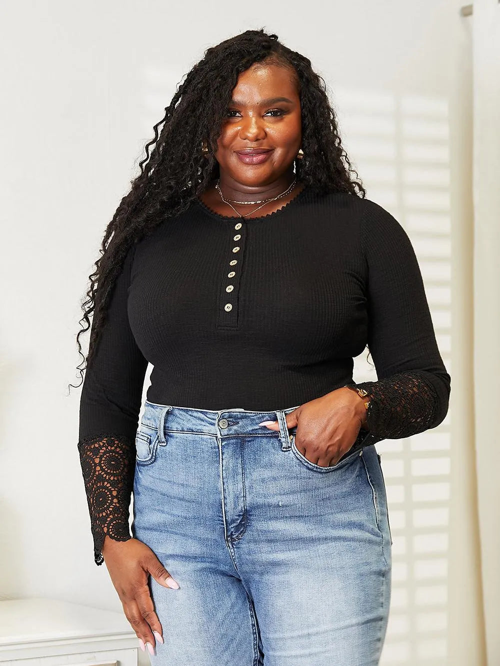 Double Take Midnight Kiss Crochet Hem Sleeve Button Top-Women's Shirts & Tops-Shop Z & Joxa