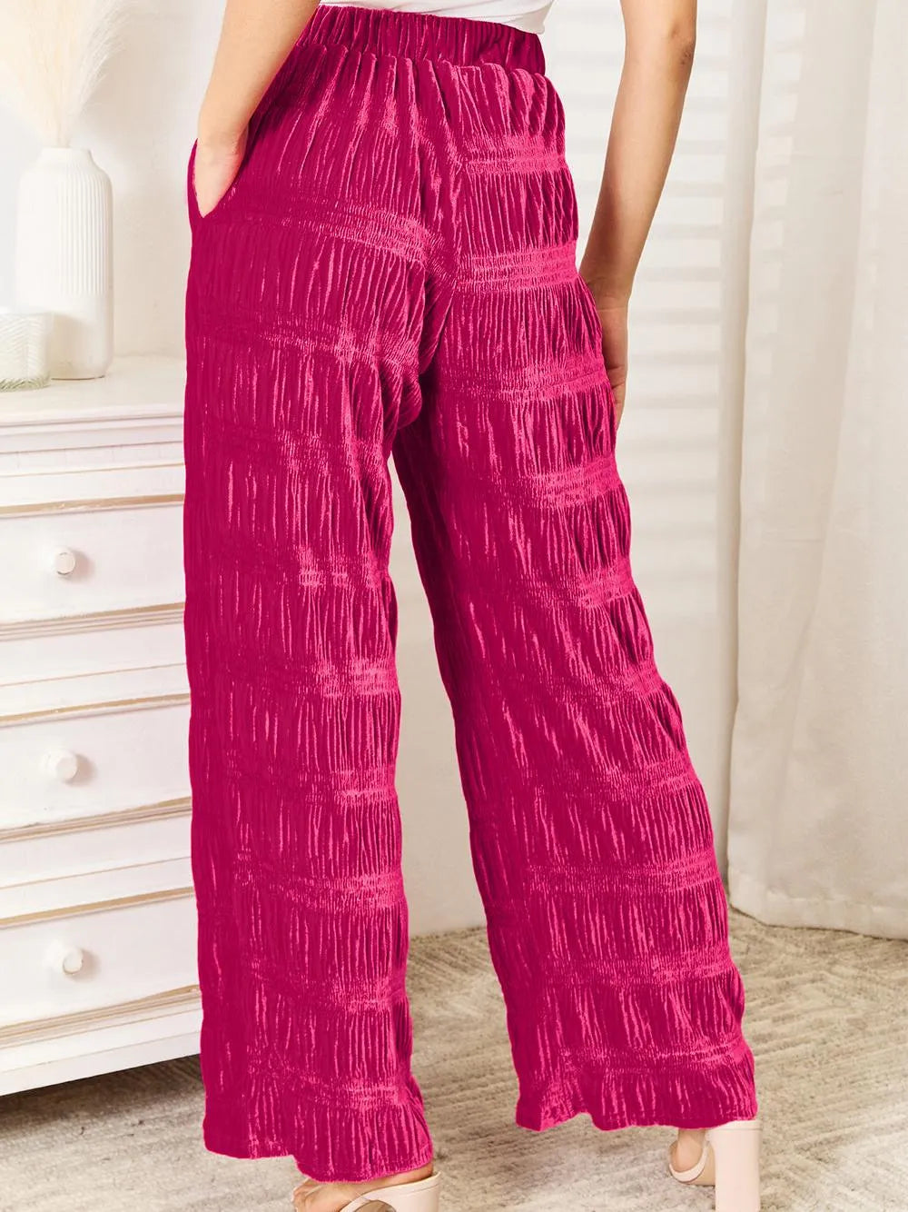 Double Take Rosy Crush High Waist Tiered Shirring Velvet Wide Leg Pants-Women's Pants-Shop Z & Joxa