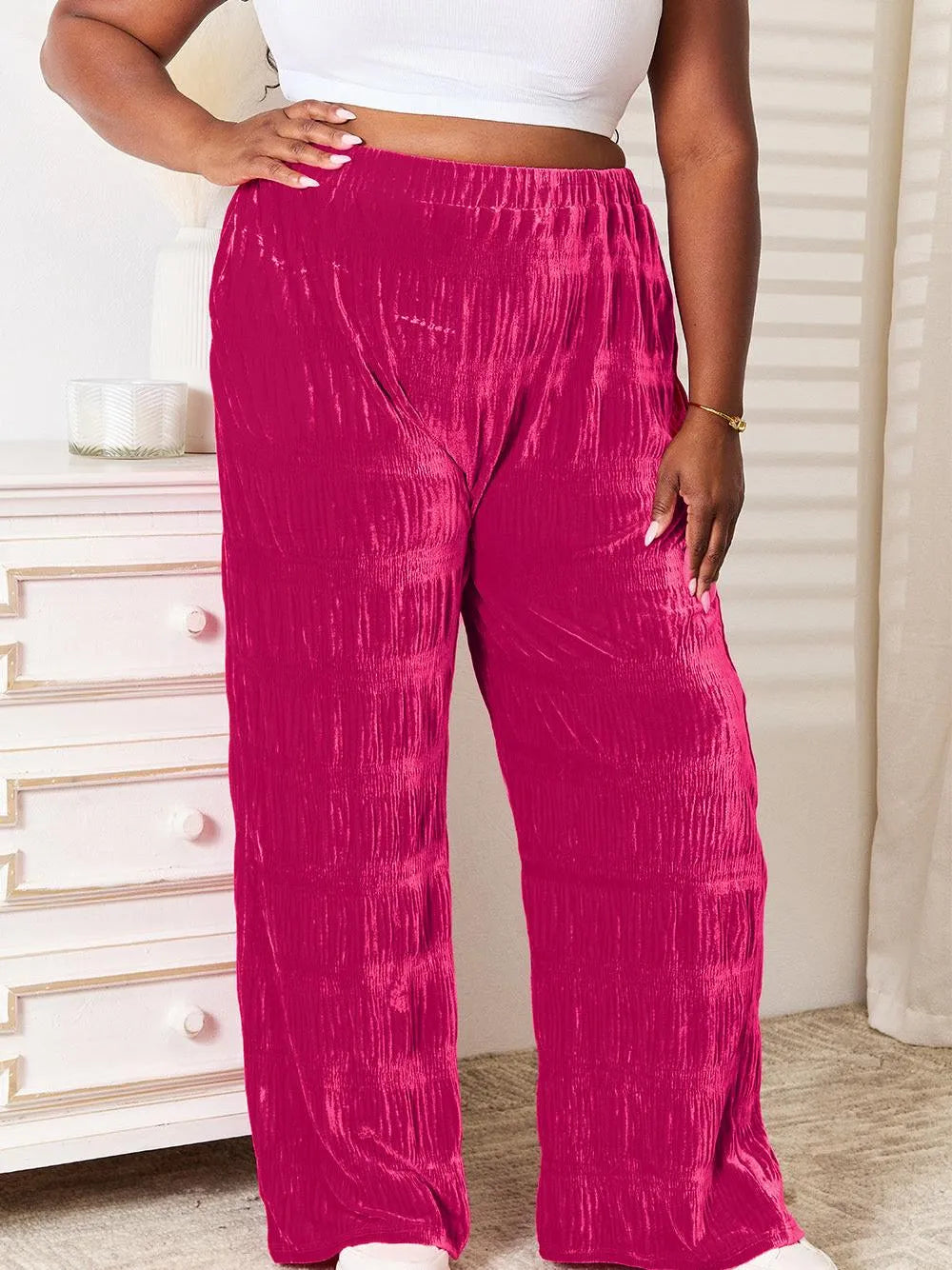 Double Take Rosy Crush High Waist Tiered Shirring Velvet Wide Leg Pants-Women's Pants-Shop Z & Joxa