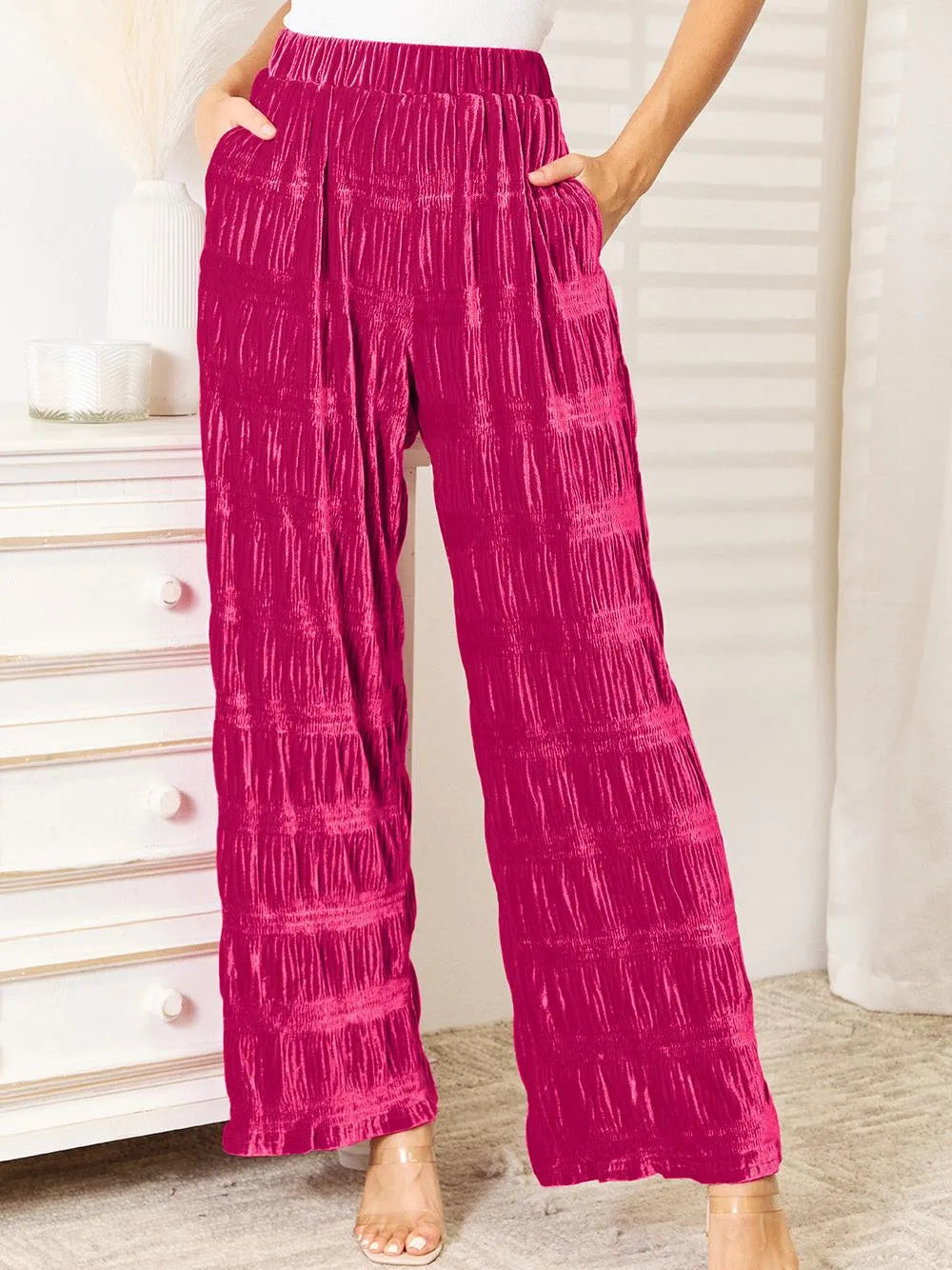 Double Take Rosy Crush High Waist Tiered Shirring Velvet Wide Leg Pants-Women's Pants-Shop Z & Joxa