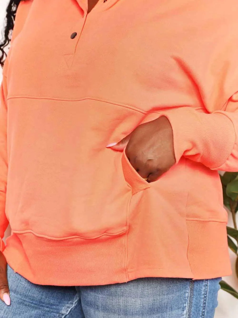 Double Take Tangerine Tease Quarter-Snap Dropped Shoulder Hoodie-Women's Shirts & Tops-Shop Z & Joxa