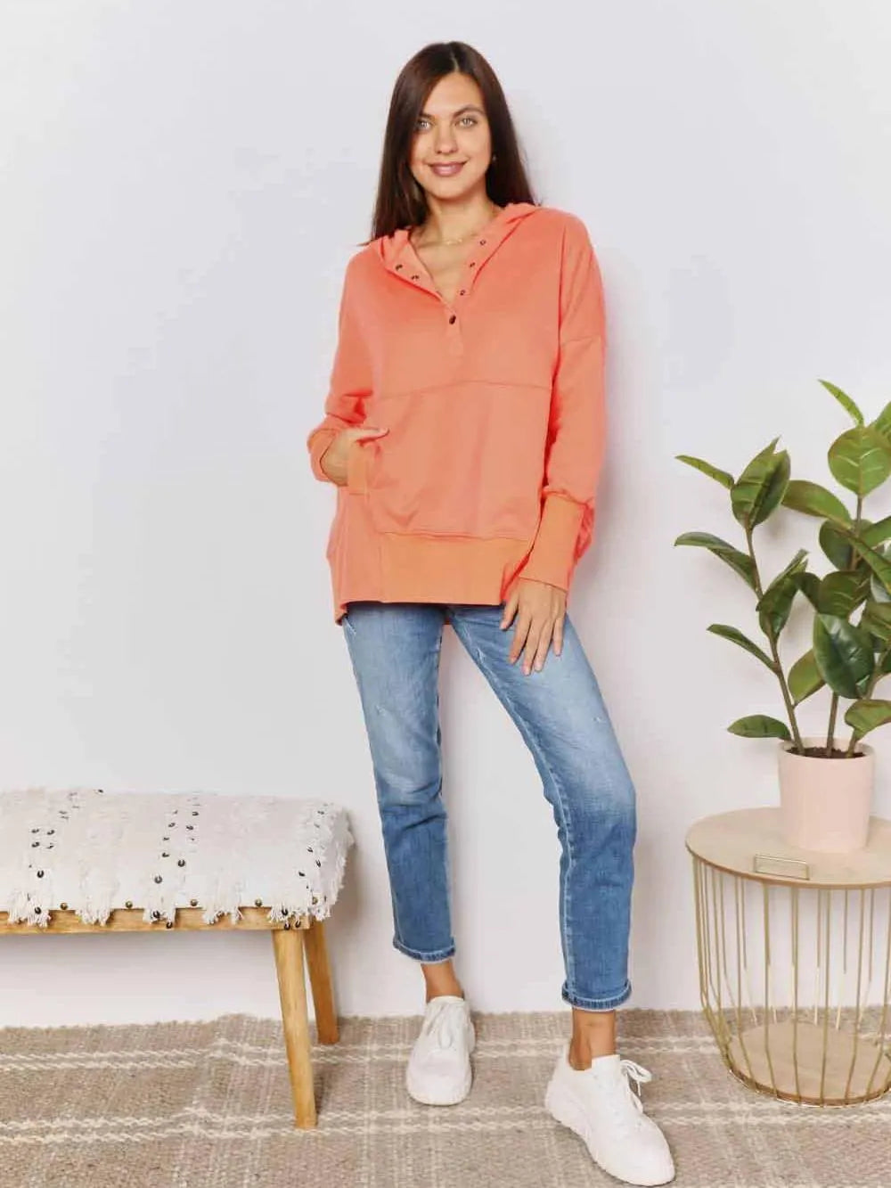 Double Take Tangerine Tease Quarter-Snap Dropped Shoulder Hoodie-Women's Shirts & Tops-Shop Z & Joxa