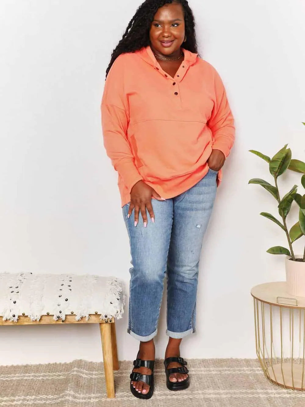 Double Take Tangerine Tease Quarter-Snap Dropped Shoulder Hoodie-Women's Shirts & Tops-Shop Z & Joxa