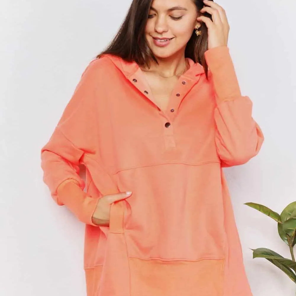 Double Take Tangerine Tease Quarter-Snap Dropped Shoulder Hoodie-Women's Shirts & Tops-Shop Z & Joxa