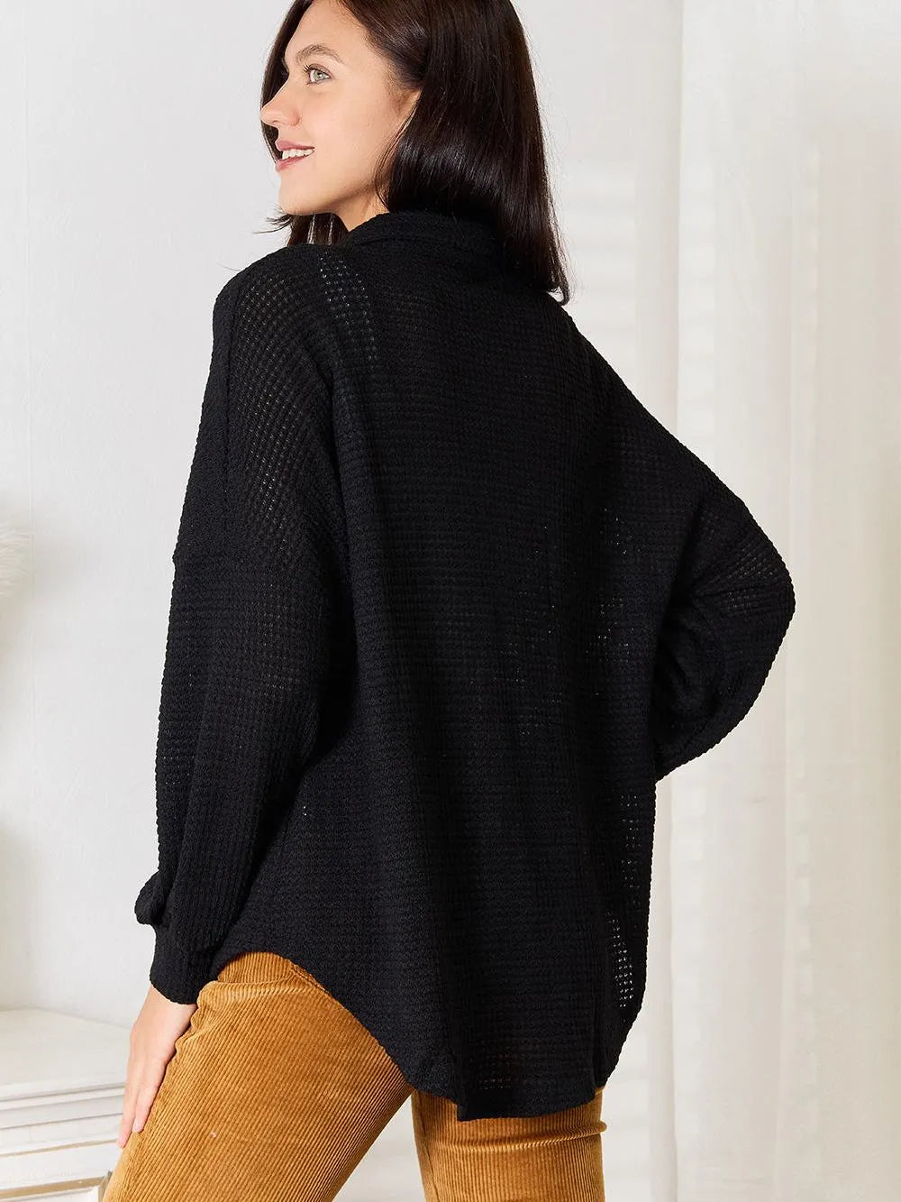 Double Take Waffle Statement Collared Long Sleeve Waffle Shirt-Women's Shirts & Tops-Shop Z & Joxa