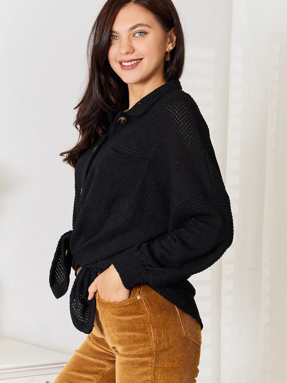 Double Take Waffle Statement Collared Long Sleeve Waffle Shirt-Women's Shirts & Tops-Shop Z & Joxa