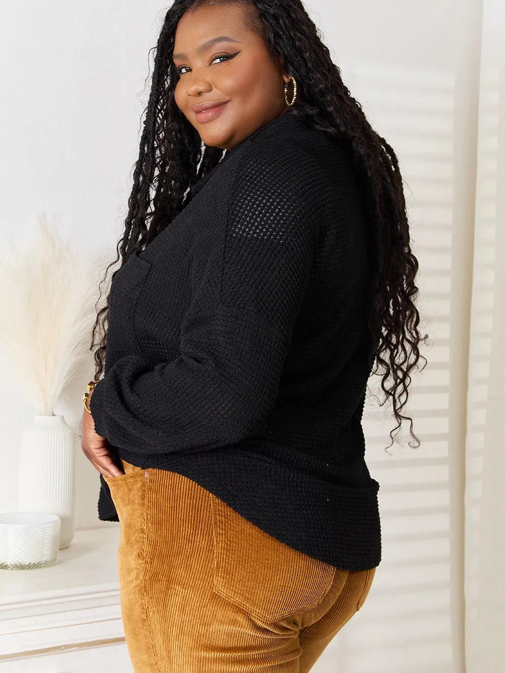 Double Take Waffle Statement Collared Long Sleeve Waffle Shirt-Women's Shirts & Tops-Shop Z & Joxa