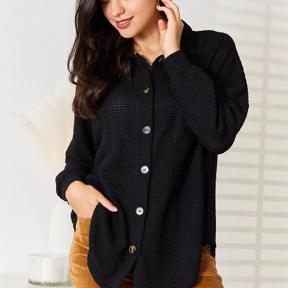 Double Take Waffle Statement Collared Long Sleeve Waffle Shirt-Women's Shirts & Tops-Shop Z & Joxa