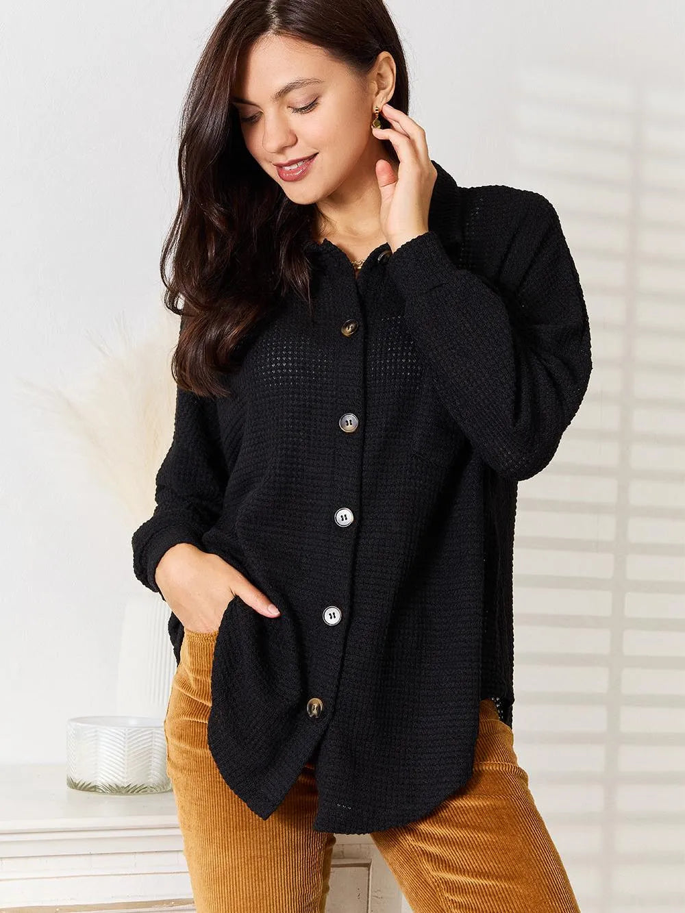 Double Take Waffle Statement Collared Long Sleeve Waffle Shirt-Women's Shirts & Tops-Shop Z & Joxa
